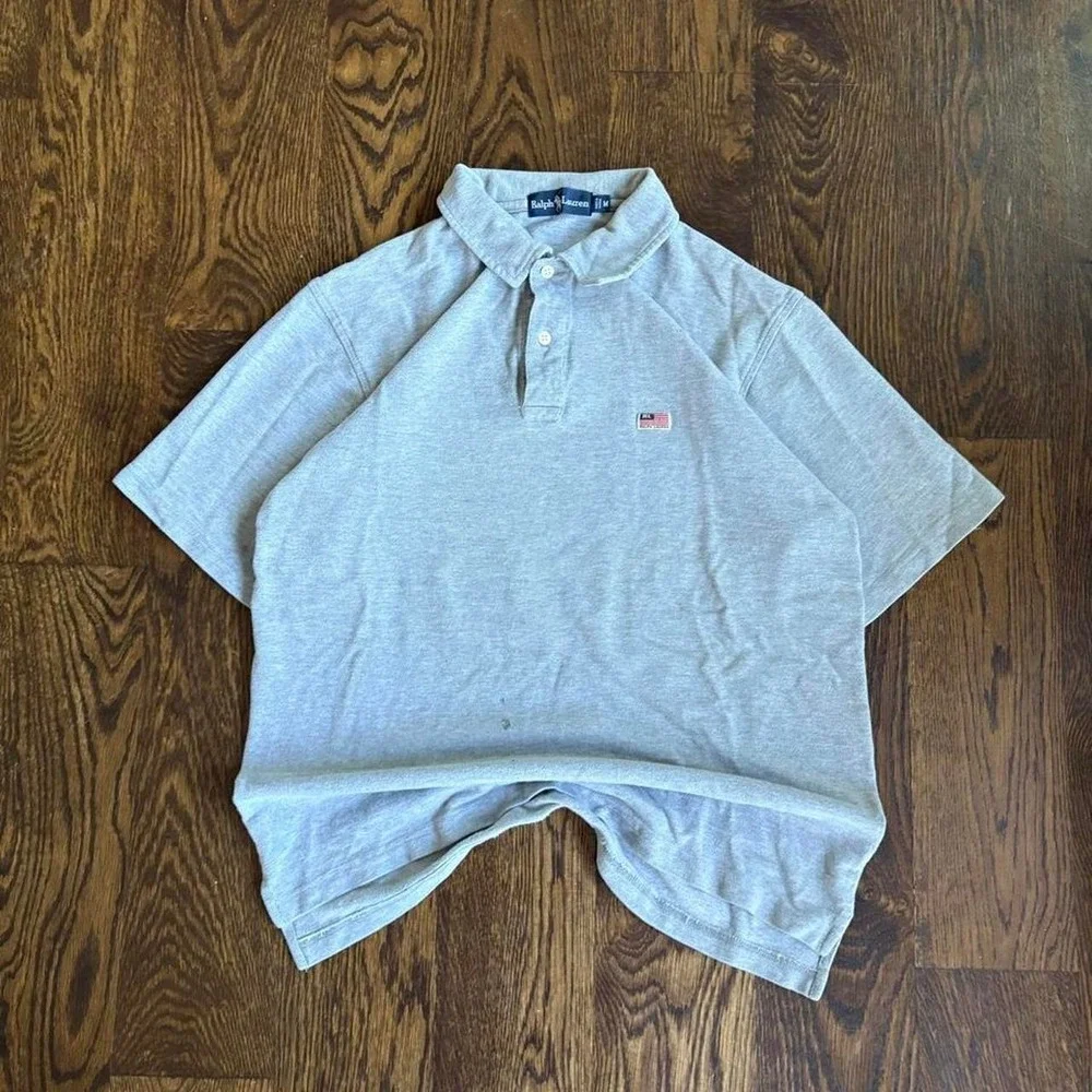 Vintage 90s Ralph Lauren Grey Heavyweight Preppy USA Flag Patch Polo Shirt M